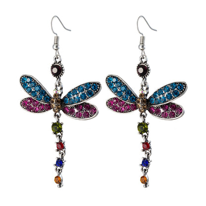 Blue and Pink Crystal and Silver-Plated Dragonfly Drop Earrings, silver drop earrings for women, front view