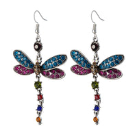 Blue & Pink Crystal & Silver-Plated Dragonfly Drop Earrings