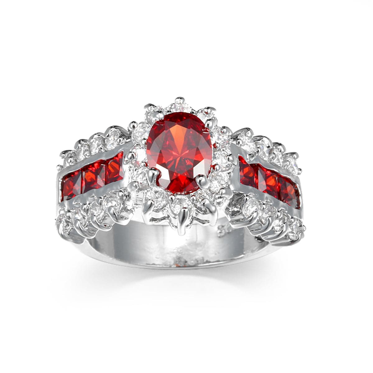 Red Cubic Zirconia and Crystal Baguette-Row Oval Ring, statement rings for women, dainty minimalist design, side view