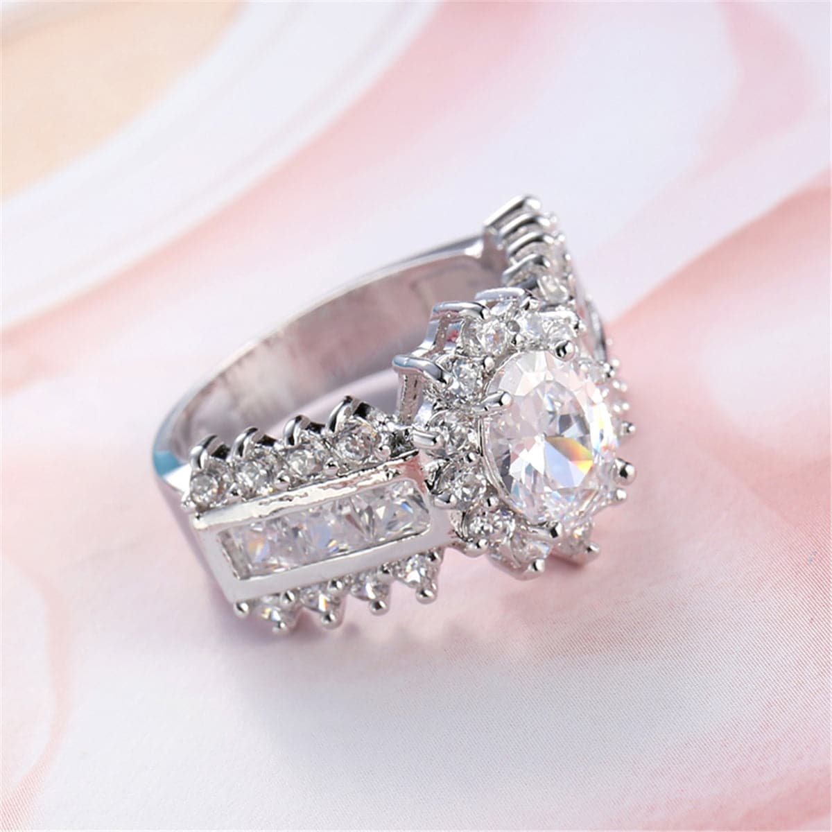 Crystal and Silver-Plated Hola Ring, silver statement rings for women, botanical inspired, front view