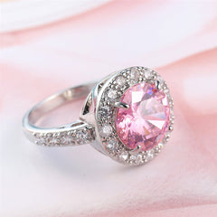 Pink Cubic Zirconia & Crystal Halo Round Ring