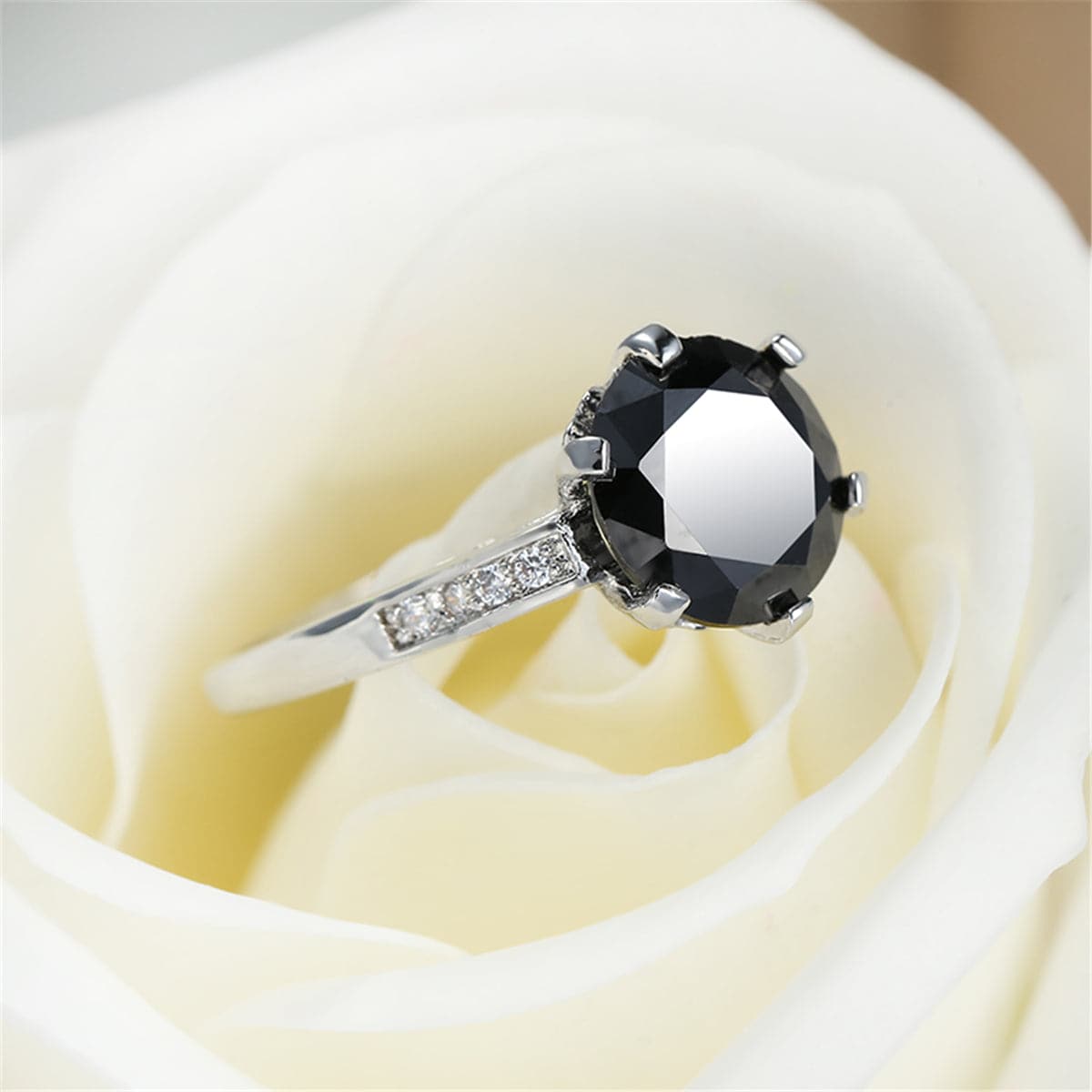 Black Cubic Zirconia & Silver-Plated Cocktail Ring