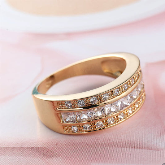 Crystal and Cubic Zirconia 18K Gold-Plated Princess-Cut Band Ring, gold statement rings for women, front view