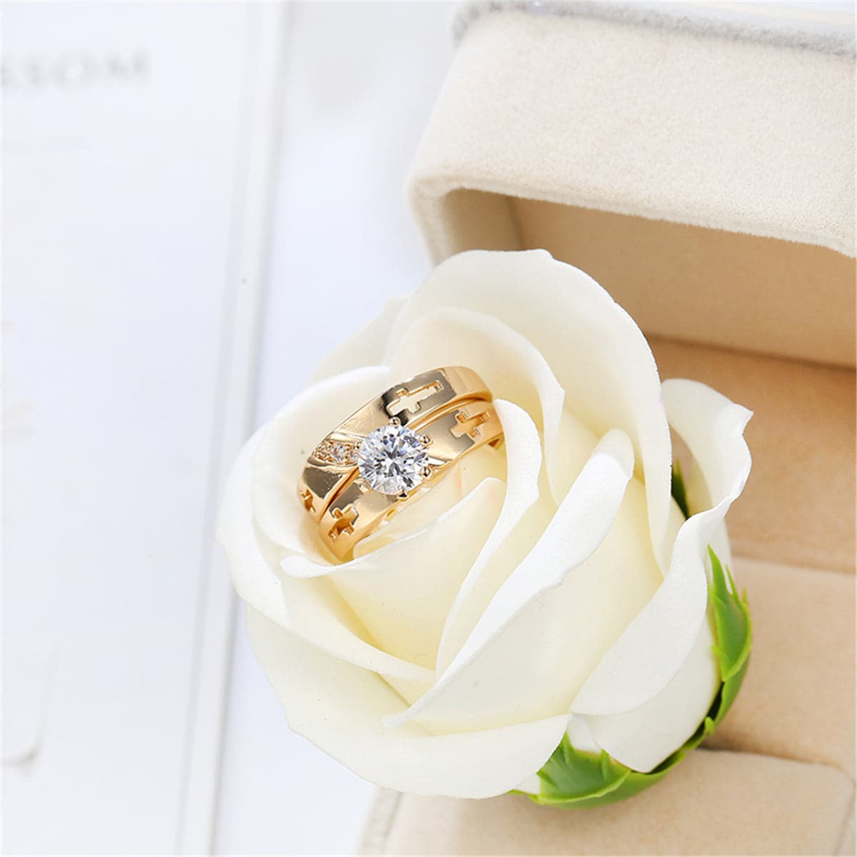Crystal and Cubic Zirconia 18K Gold-Plated Cross Ring Set, jewelry gift sets for women, dainty minimalist design, side view