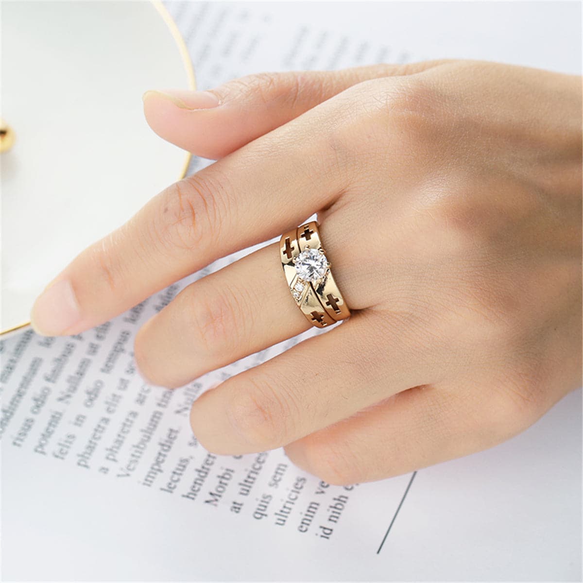 Crystal & Cubic Zirconia 18K Gold-Plated Cross Ring Set