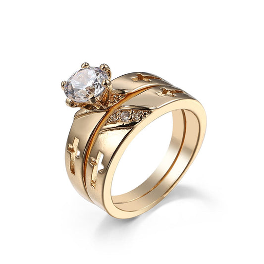 Crystal and Cubic Zirconia 18K Gold-Plated Cross Ring Set, jewelry gift sets for women, dainty minimalist design, front view