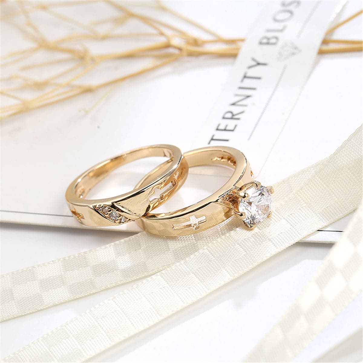 Crystal & Cubic Zirconia 18K Gold-Plated Cross Ring Set