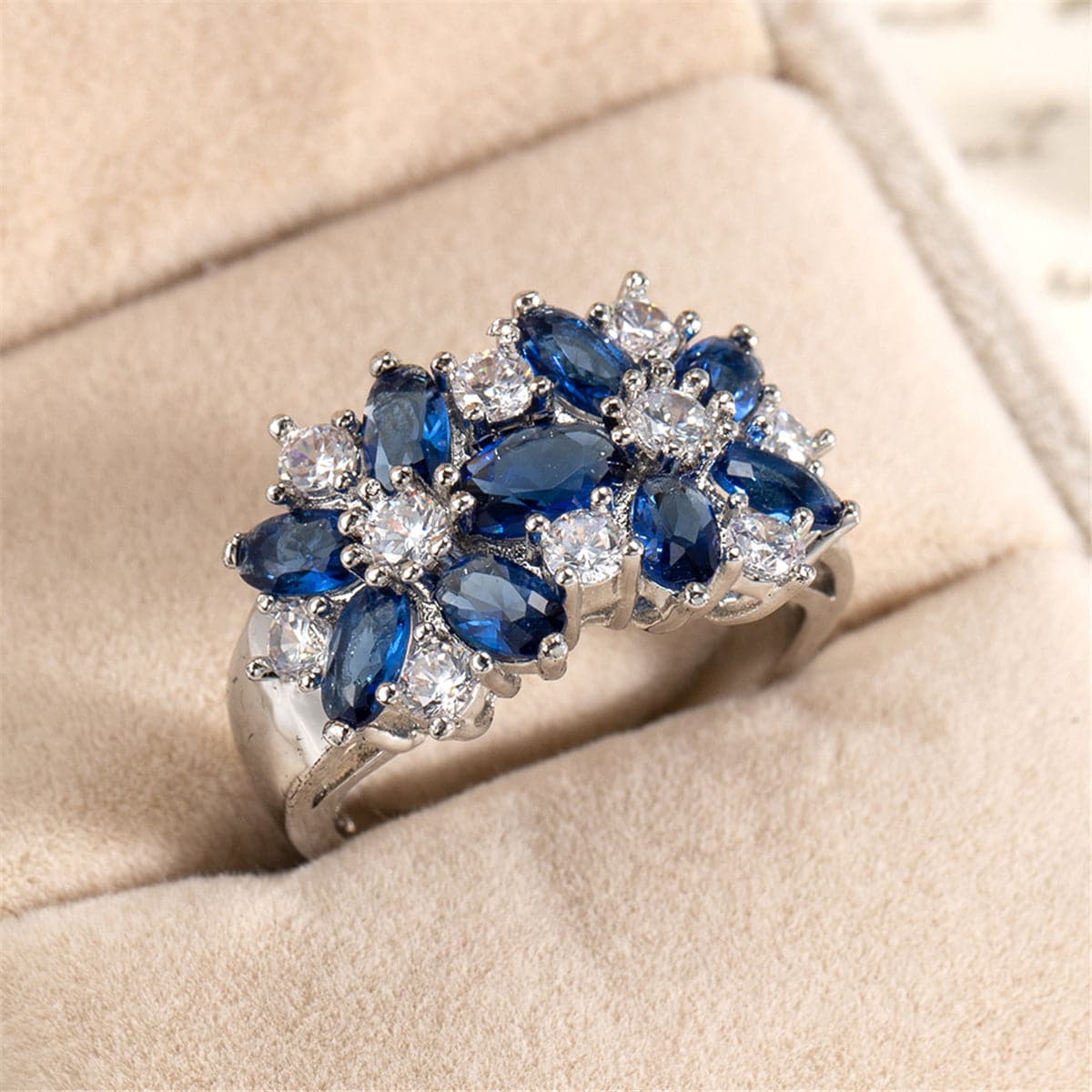 Navy Crystal & Silver-Plated Floral Band Ring