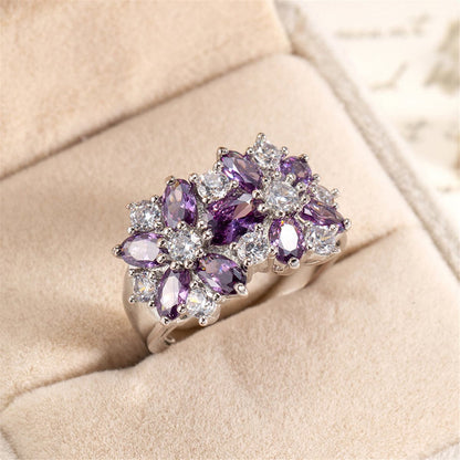 Purple Crystal and Silver-Plated Floral Band Ring, silver statement rings for women, elegant gift for her, detail close-up