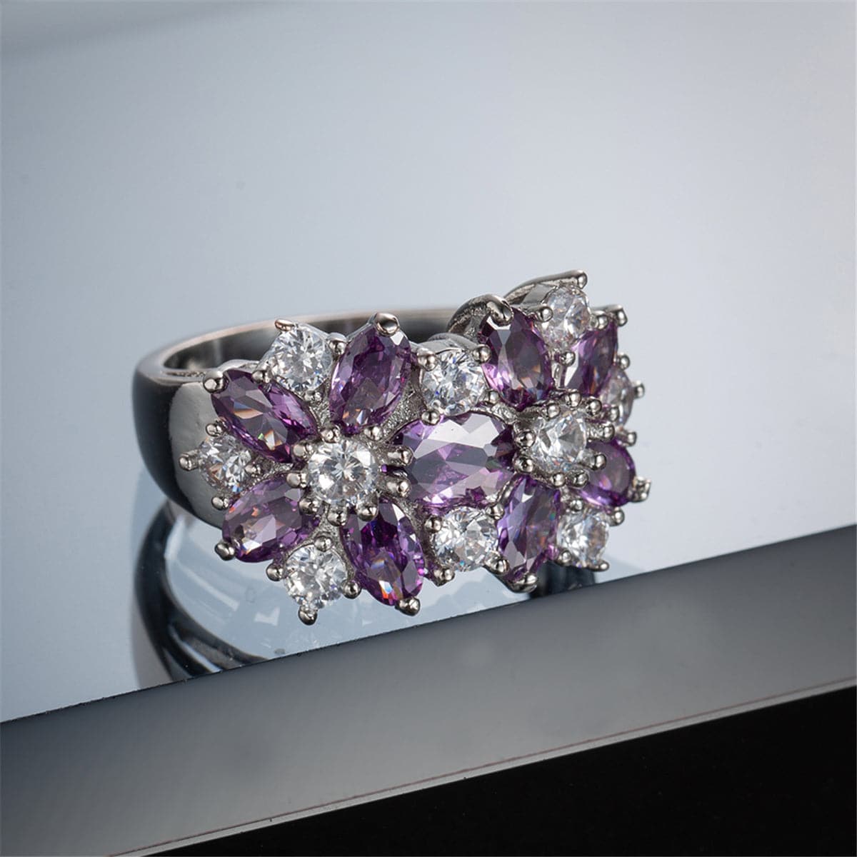 Purple Crystal and Silver-Plated Floral Band Ring, silver statement rings for women, elegant gift for her, lifestyle look