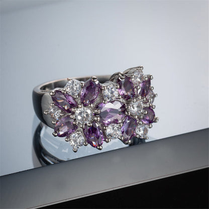 Purple Crystal and Silver-Plated Floral Band Ring, silver statement rings for women, elegant gift for her, lifestyle look