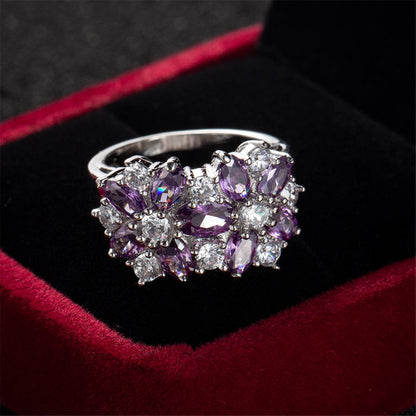 Purple Crystal and Silver-Plated Floral Band Ring, silver statement rings for women, elegant gift for her, styled look