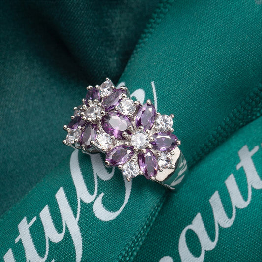 Purple Crystal and Silver-Plated Floral Band Ring, silver statement rings for women, elegant gift for her, front view