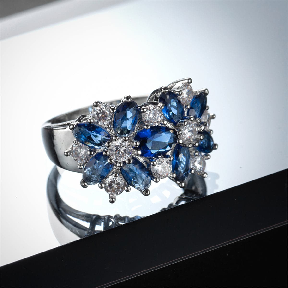 Navy Crystal & Silver-Plated Floral Band Ring