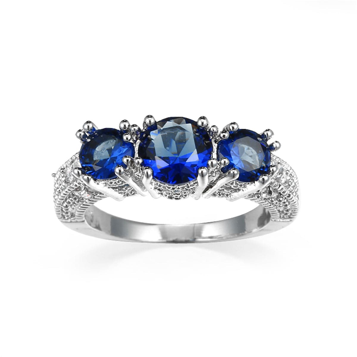 Navy Crystal and Silver-Plated Triple-Head Ring, silver statement rings for women, vintage-inspired design, front view