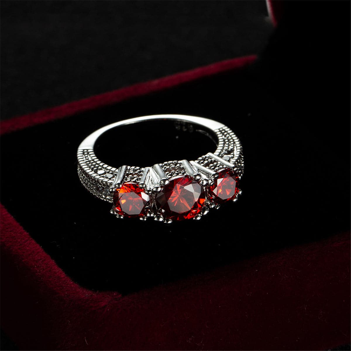 Red Crystal and Silver-Plated Three-Stone Ring, silver statement rings for women, everyday style, side view