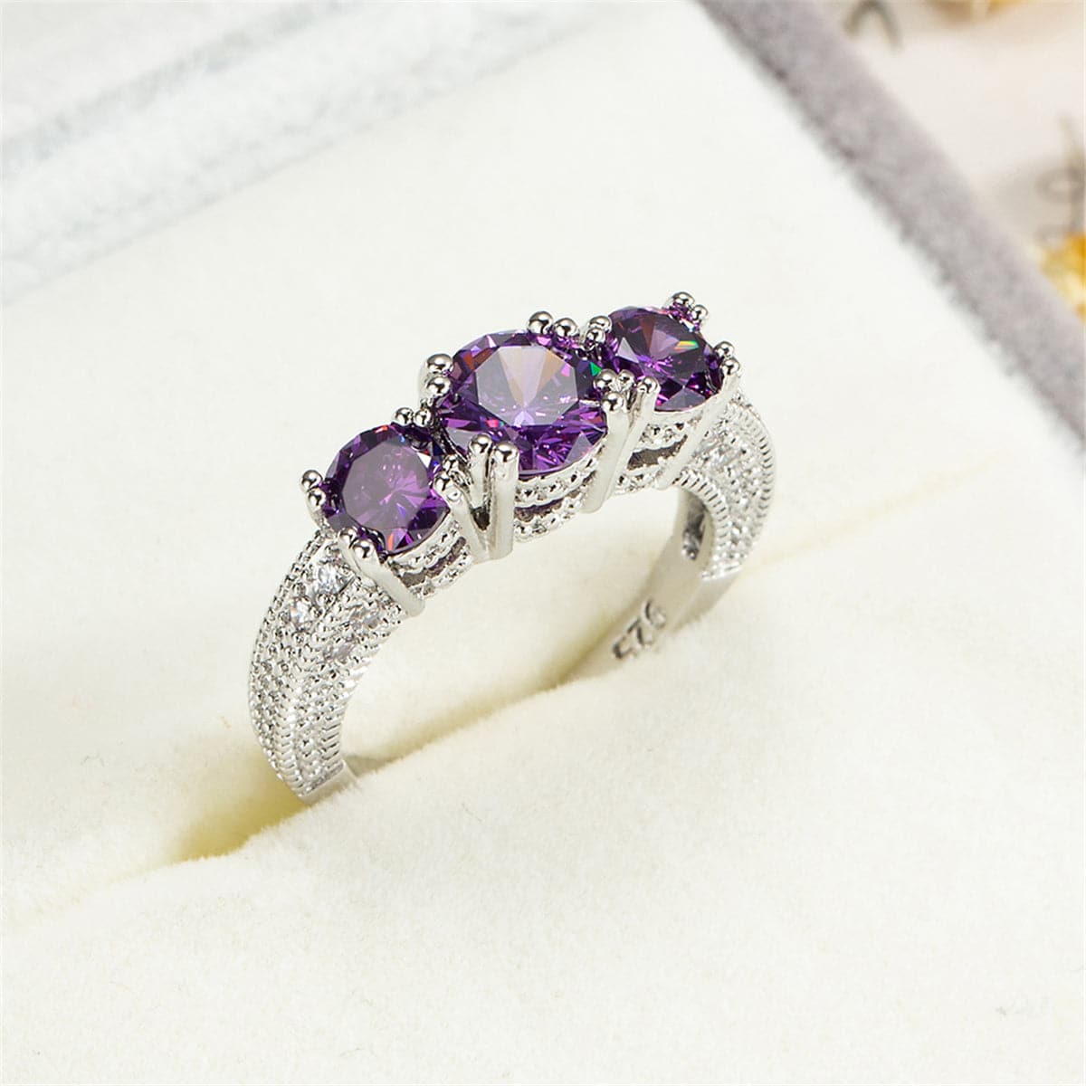 Purple Crystal and Silver-Plated Three-Stone Ring, silver statement rings for women, everyday style, side view