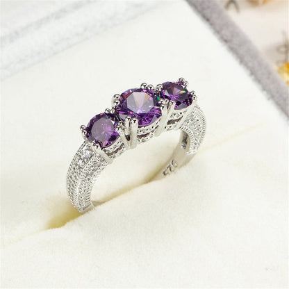 Purple Crystal and Silver-Plated Three-Stone Ring, silver statement rings for women, everyday style, side view
