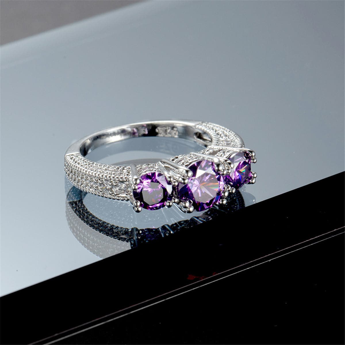 Purple Crystal and Silver-Plated Three-Stone Ring, silver statement rings for women, everyday style, detail close-up