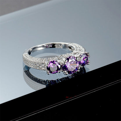 Purple Crystal and Silver-Plated Three-Stone Ring, silver statement rings for women, everyday style, detail close-up