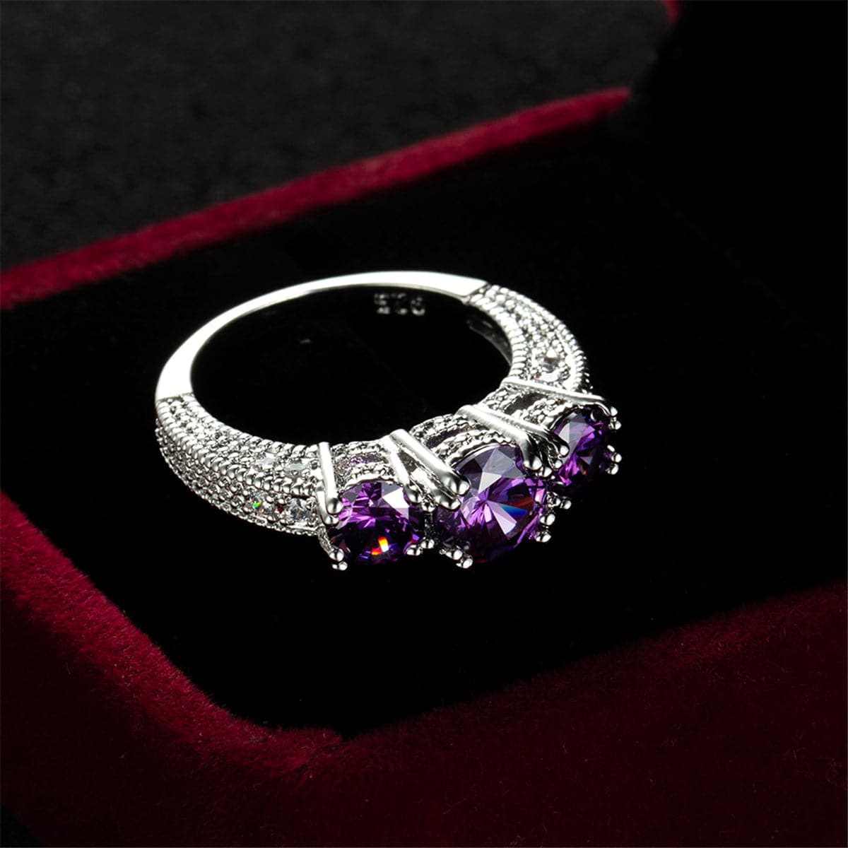 Purple Crystal and Silver-Plated Three-Stone Ring, silver statement rings for women, everyday style, lifestyle look