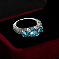Sea Blue Crystal & Platinum-Plated Three-Stone Ring