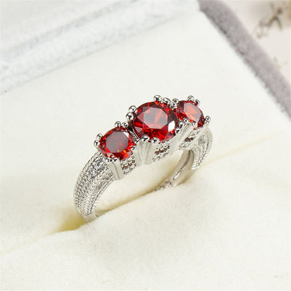 Red Crystal and Silver-Plated Three-Stone Ring, silver statement rings for women, everyday style, lifestyle look