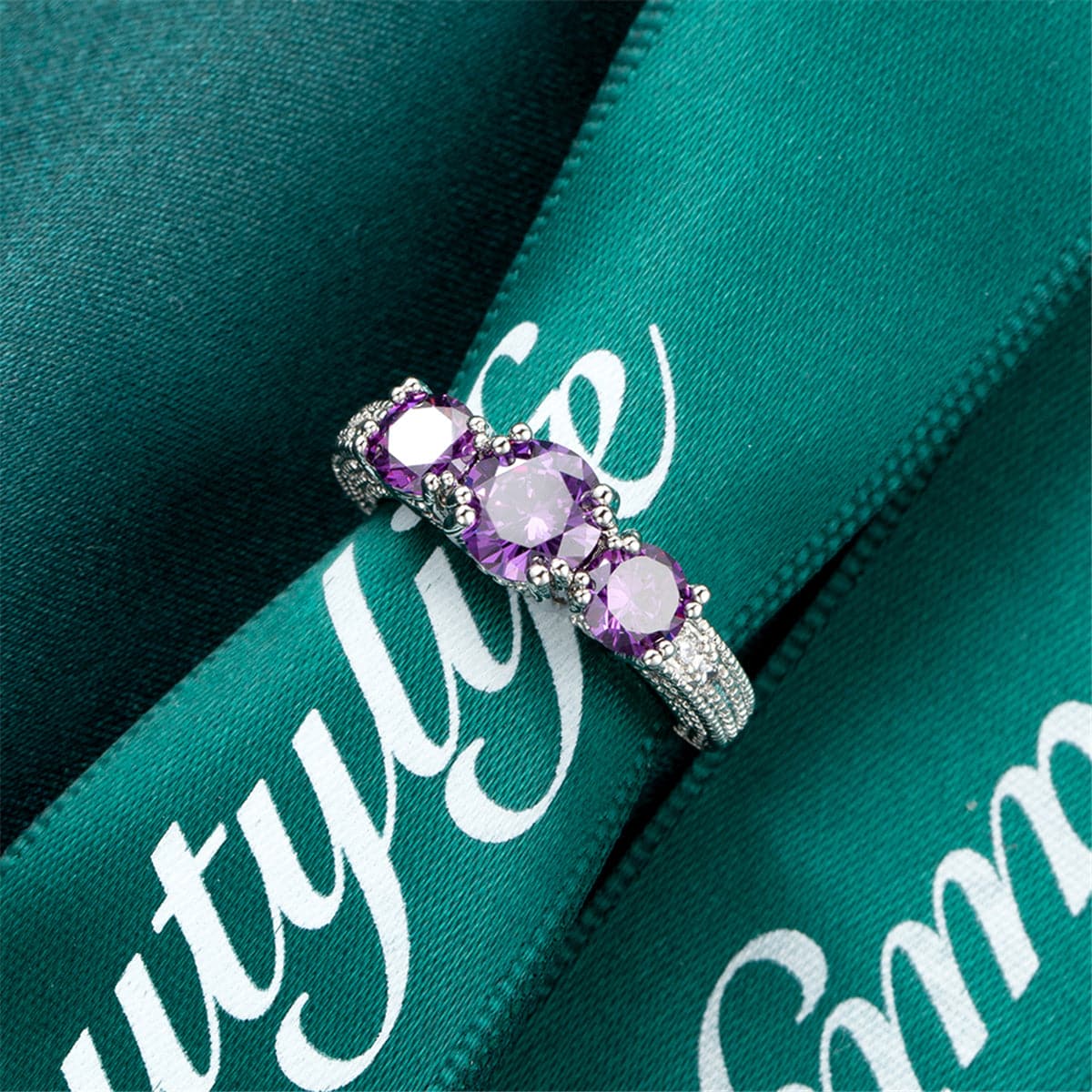 Purple Crystal & Silver-Plated Three-Stone Ring