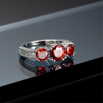 Red Crystal and Silver-Plated Three-Stone Ring, silver statement rings for women, everyday style, styled look