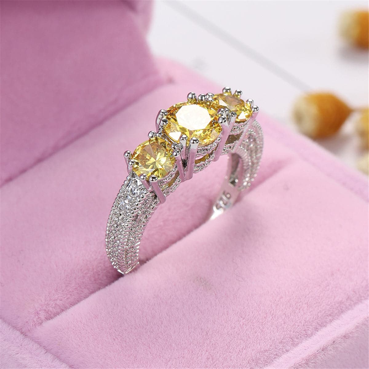 Yellow Crystal & Silver-Plated Three-Stone Ring