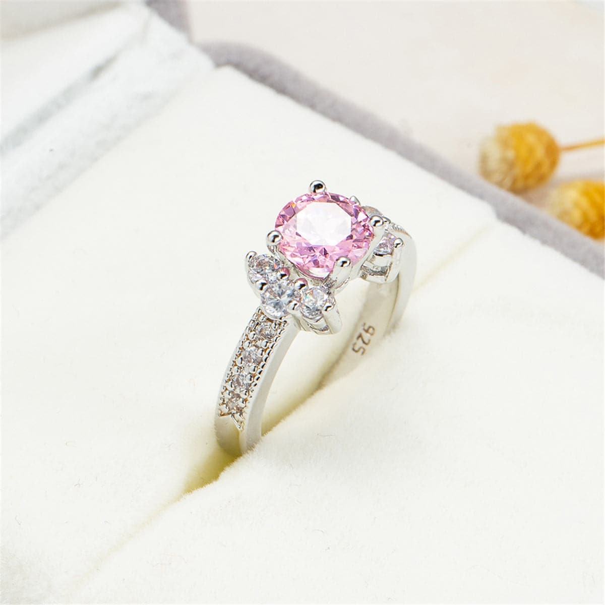 Pink Cubic Zirconia & Crystal Round Cluster-Side Ring
