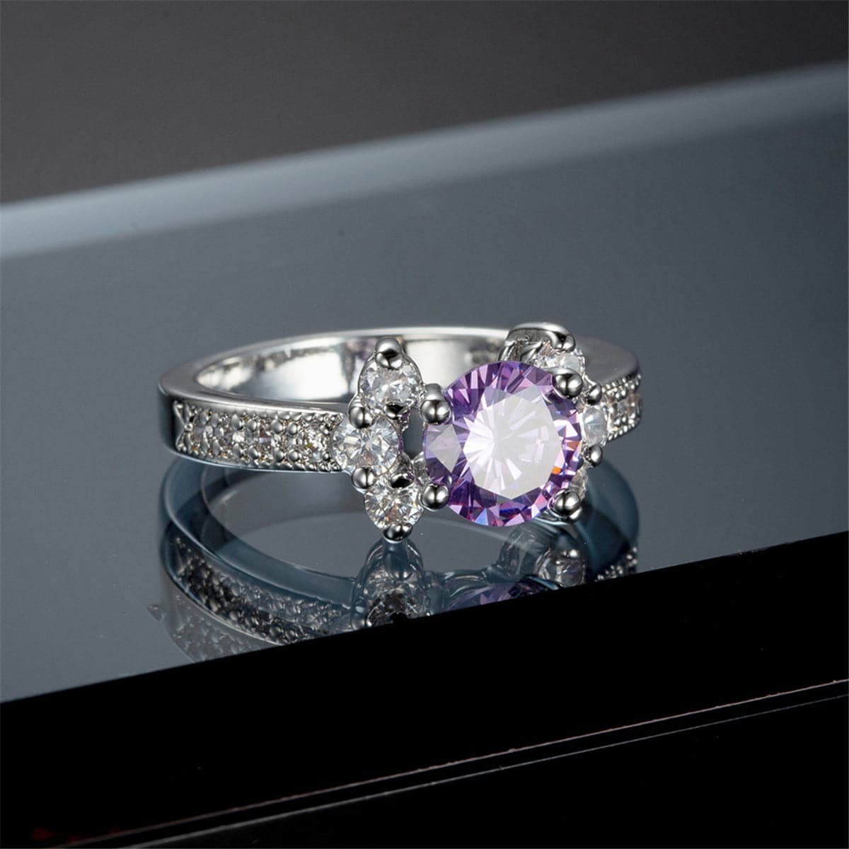 Purple Cubic Zirconia & Crystal Round Cluster-Side Ring