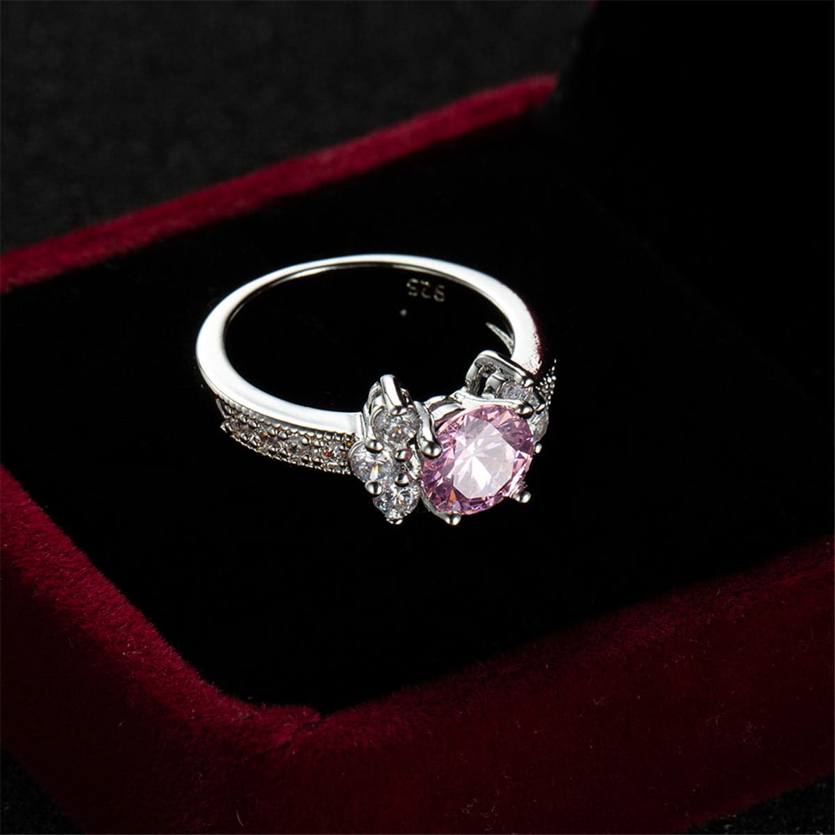 Pink Cubic Zirconia & Crystal Round Cluster-Side Ring
