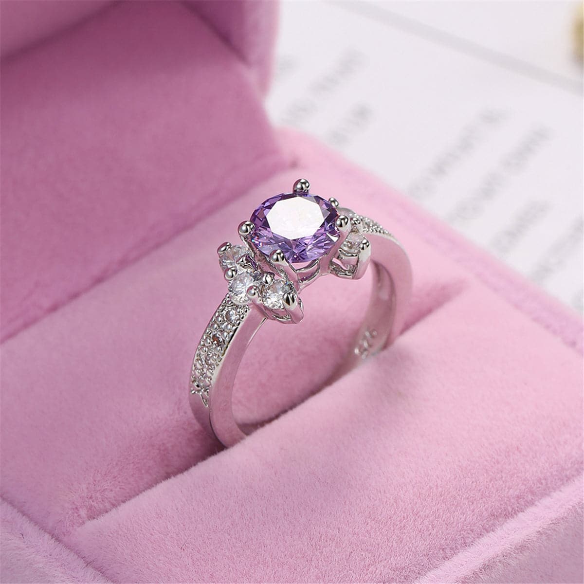 Purple Cubic Zirconia & Crystal Round Cluster-Side Ring