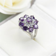 Purple Crystal & Silver-Plated Floral Ring