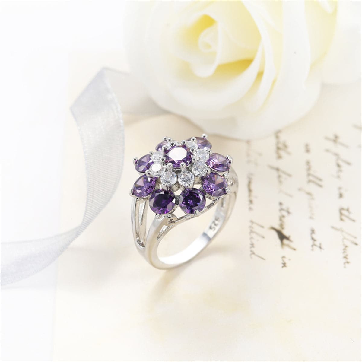 Purple Crystal & Silver-Plated Floral Ring