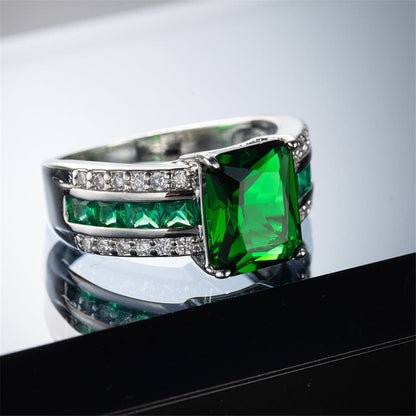 Green Crystal and Cubic Zirconia Princess-Cut Ring, statement rings for women, everyday style, detail close-up