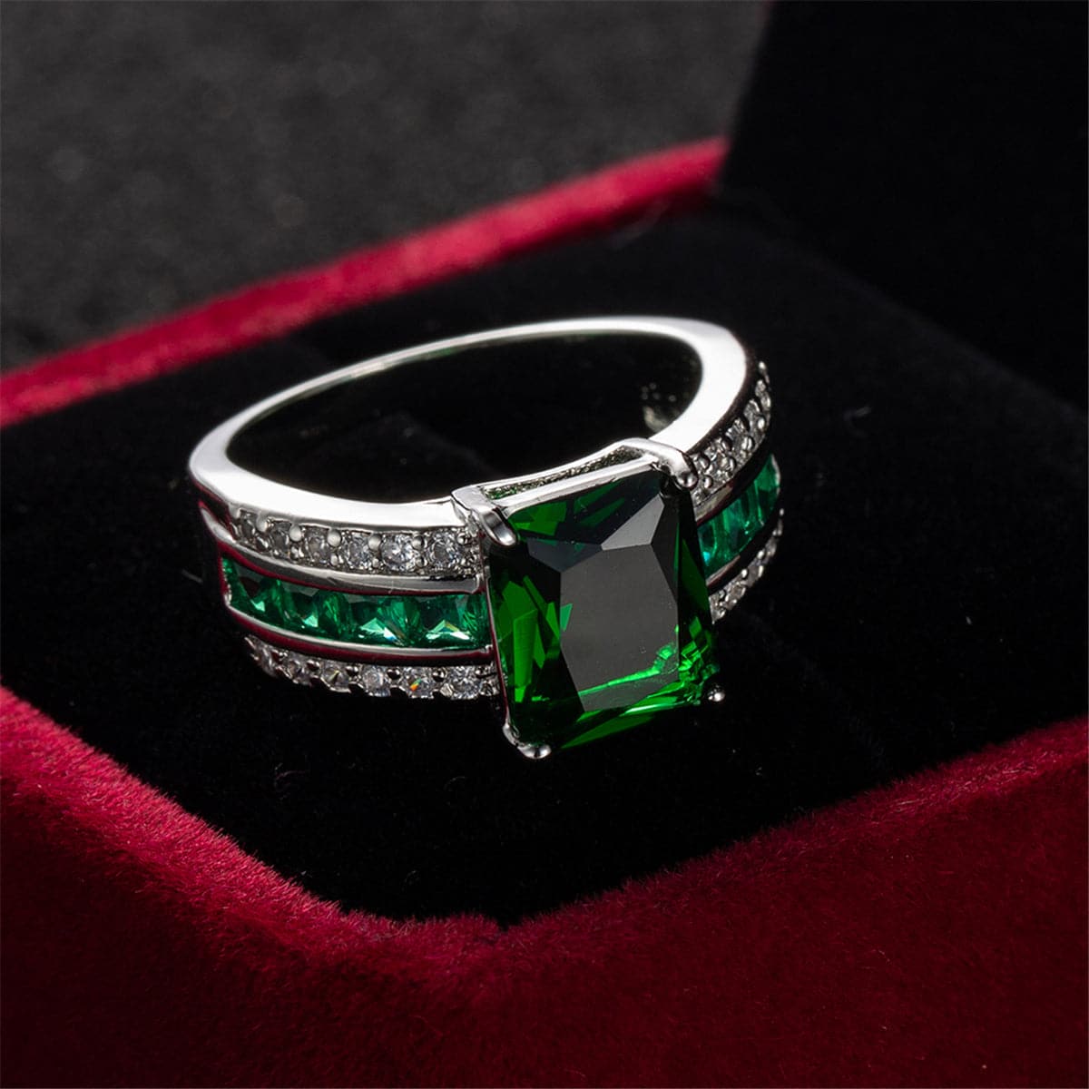 Green Crystal and Cubic Zirconia Princess-Cut Ring, statement rings for women, everyday style, lifestyle look