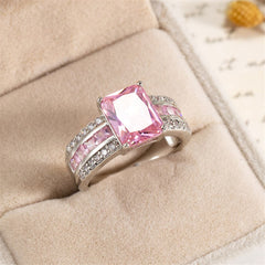 Pink Cubic Zirconia & Crystal Three-Row Radient-Cut Ring