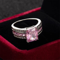 Pink Cubic Zirconia & Crystal Three-Row Radient-Cut Ring
