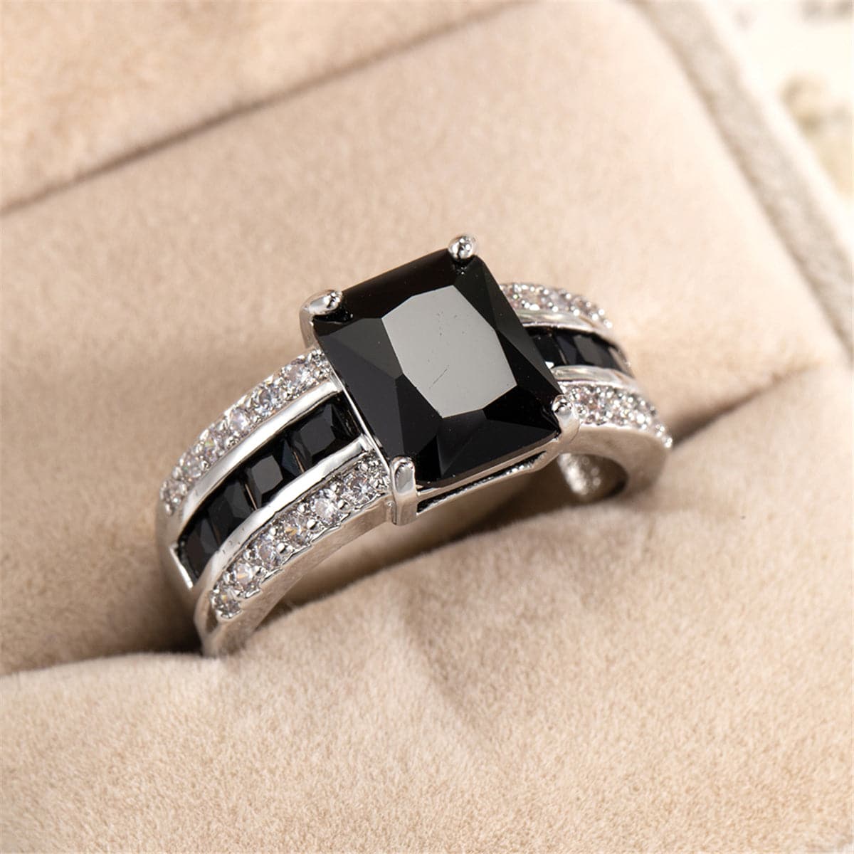 Black Crystal and Silver-Plated Rectangle Ring, silver statement rings for women, dainty minimalist design, lifestyle look