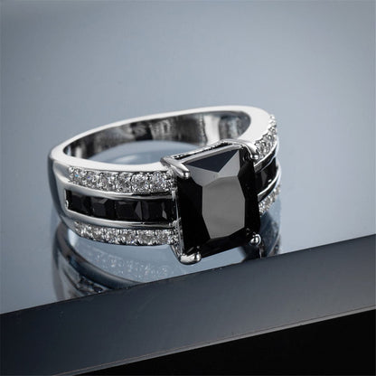 Black Crystal and Silver-Plated Rectangle Ring, silver statement rings for women, dainty minimalist design, styled look