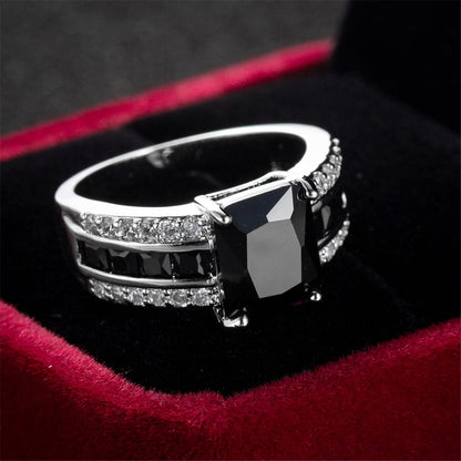 Black Crystal and Silver-Plated Rectangle Ring, silver statement rings for women, dainty minimalist design, side view