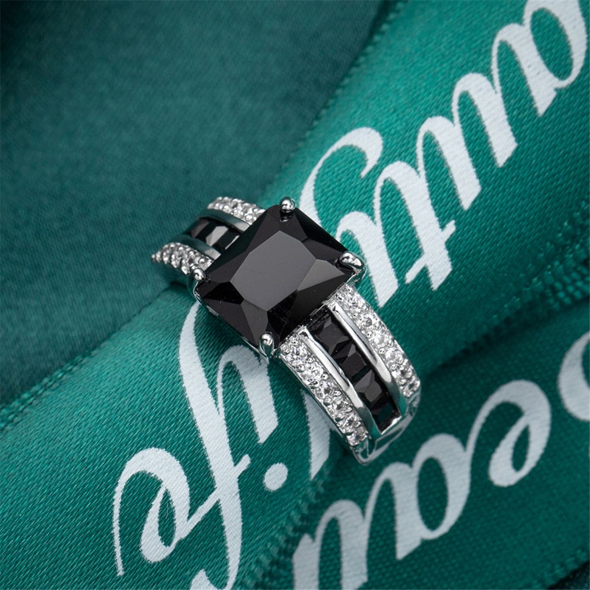Black Crystal and Silver-Plated Rectangle Ring, silver statement rings for women, dainty minimalist design, detail close-up