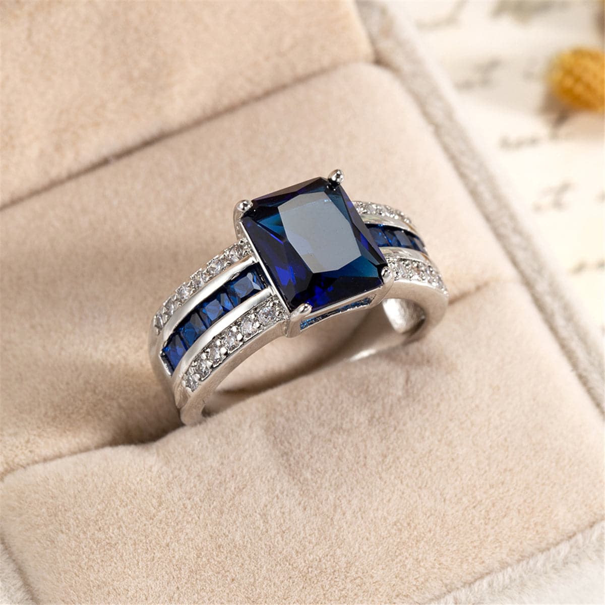 Navy Crystal and Cubic Zirconia Princess-Cut Ring, statement rings for women, dainty minimalist design, side view
