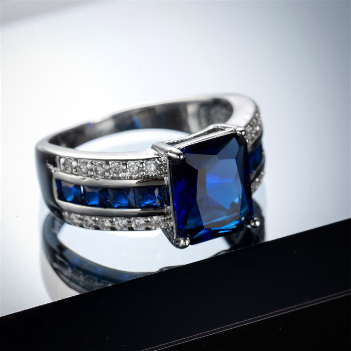 Navy Crystal and Cubic Zirconia Princess-Cut Ring, statement rings for women, dainty minimalist design, detail close-up