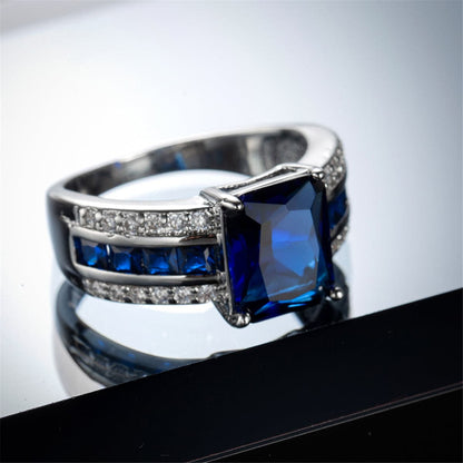 Navy Crystal and Cubic Zirconia Princess-Cut Ring, statement rings for women, dainty minimalist design, detail close-up