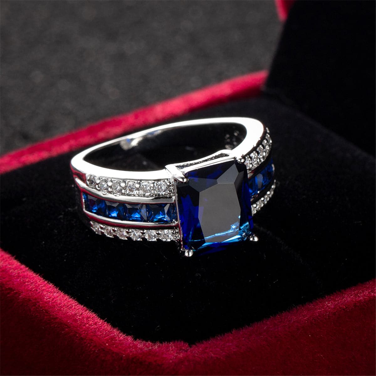 Navy Crystal and Cubic Zirconia Princess-Cut Ring, statement rings for women, dainty minimalist design, lifestyle look