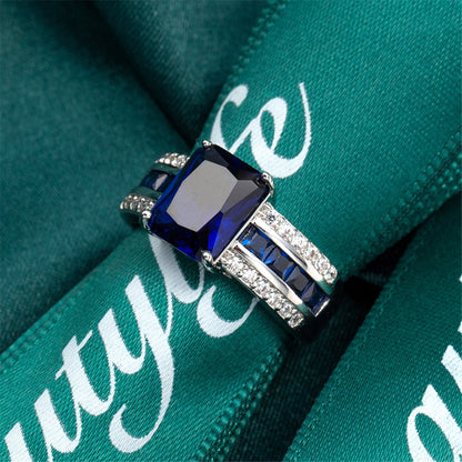 Navy Crystal and Cubic Zirconia Princess-Cut Ring, statement rings for women, dainty minimalist design, styled look