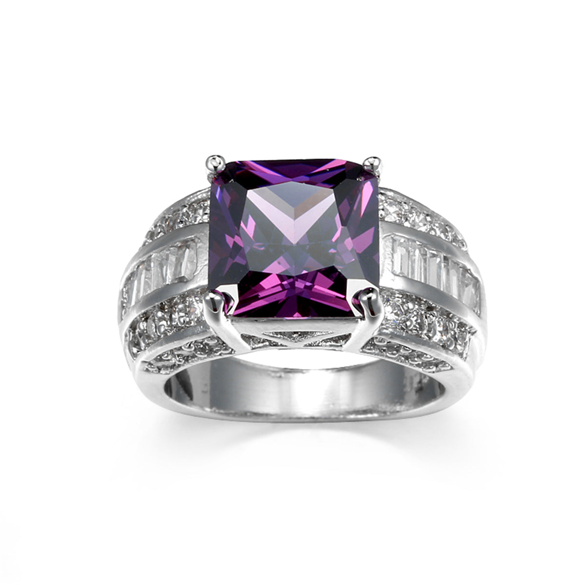 Purple Crystal and Cubic Zirconia Princess-Cut Ring, statement rings for women, everyday style, front view